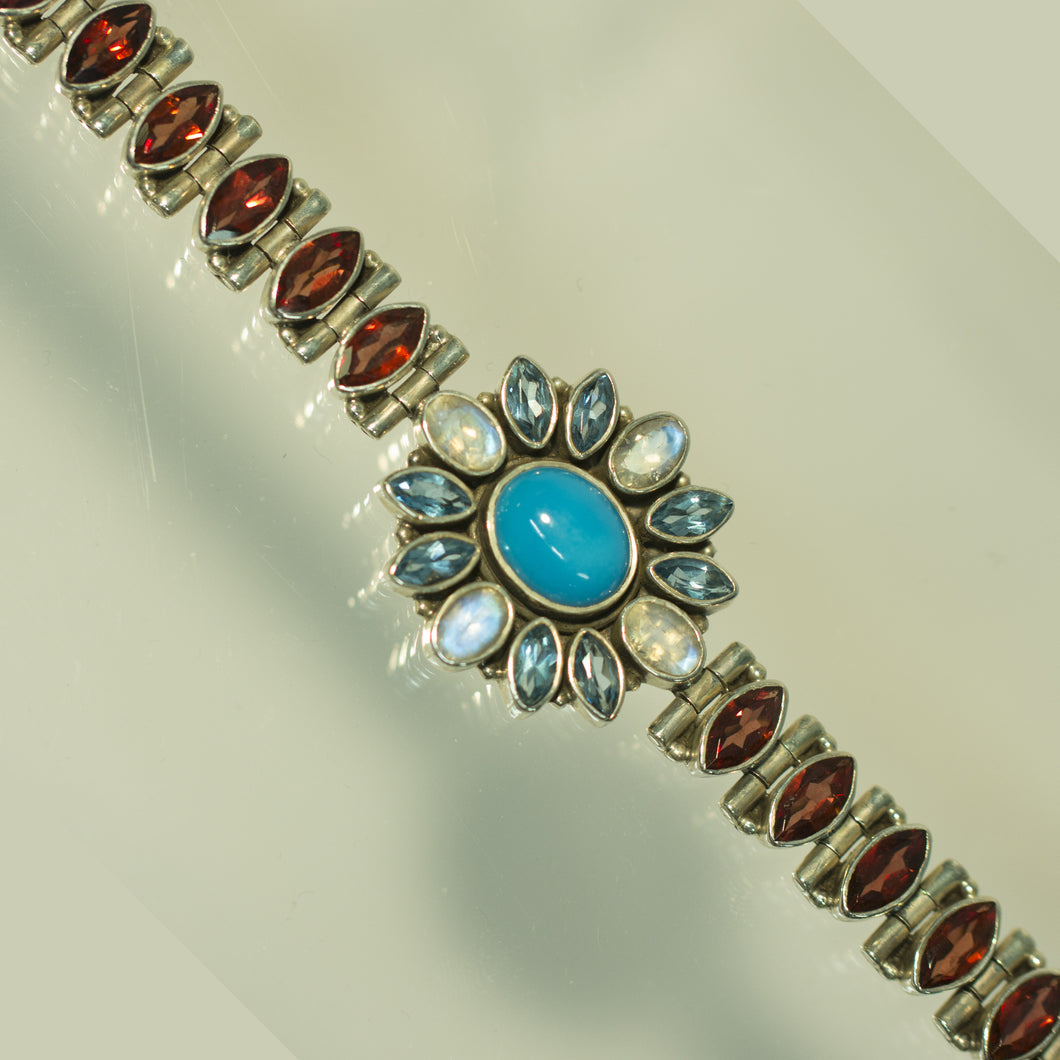 Turquoise and Gemstone Sunburst Bracelt in Sterling Silver