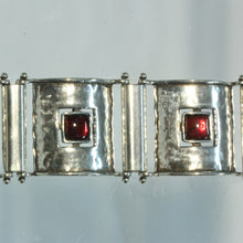 Hammered Links Bracelet With Garnets in Sterling Silver - 1 Inch Wide