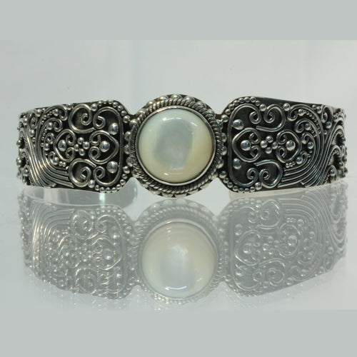 Beautiful Decorated Cuff Bangle in Sterling Silver with Mother of Pearl