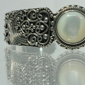 Beautiful Decorated Cuff Bangle in Sterling Silver with Mother of Pearl