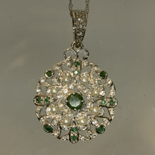 Emerald, Pearl and CZ Filigree Pendant in Sterling Silver, 1-Inch Size