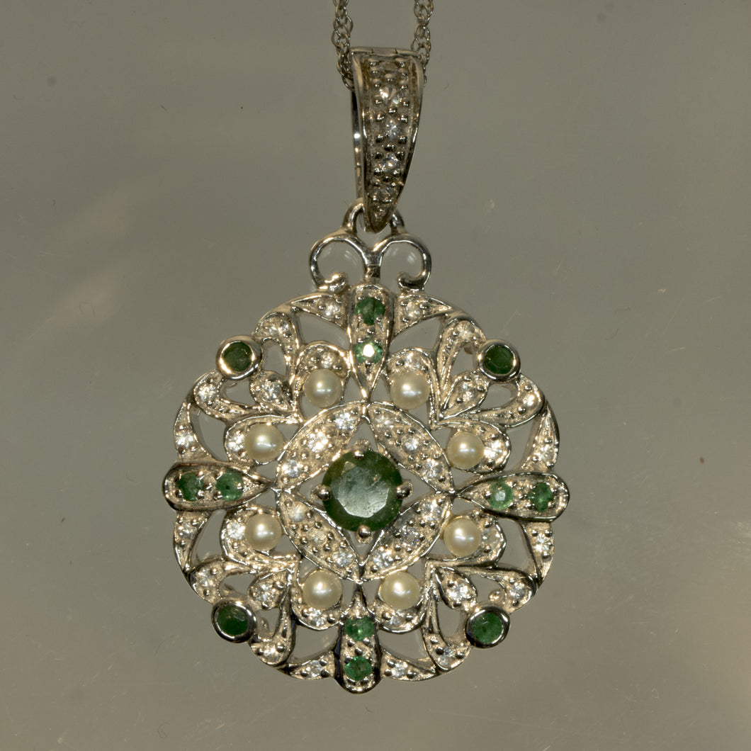 Emerald, Pearl and CZ Filigree Pendant in Sterling Silver, 1-Inch Size