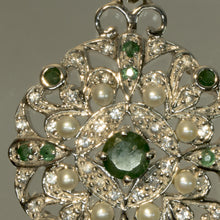 Emerald, Pearl and CZ Filigree Pendant in Sterling Silver, 1-Inch Size