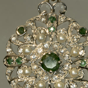 Emerald, Pearl and CZ Filigree Pendant in Sterling Silver, 1-Inch Size