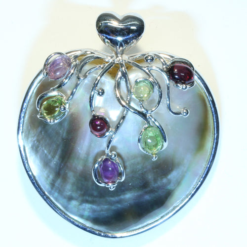 Abalone Shell Heart Reversible Pendant in Silver with Gemstones