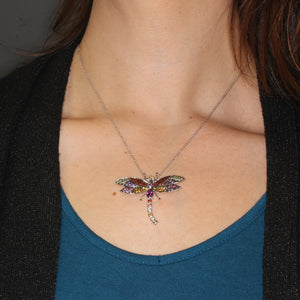 Rainbow Gemstones Dragonfly Pendant in Sterling Silver