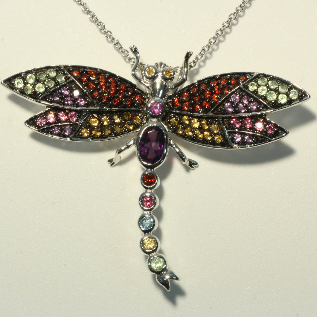 Rainbow Gemstones Dragonfly Pendant in Sterling Silver