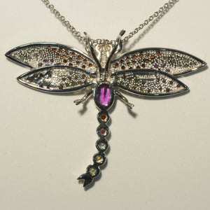 Rainbow Gemstones Dragonfly Pendant in Sterling Silver