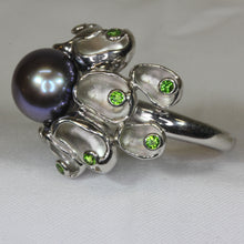 Unique Silver Ring in Pearl and Green Bezel set CZs within Oyster Forms