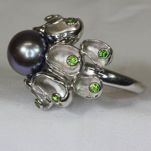 Unique Silver Ring in Pearl and Green Bezel set CZs within Oyster Forms