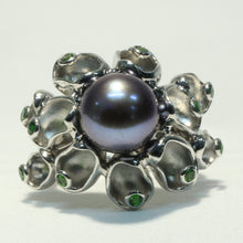 Unique Silver Ring in Pearl and Green Bezel set CZs within Oyster Forms