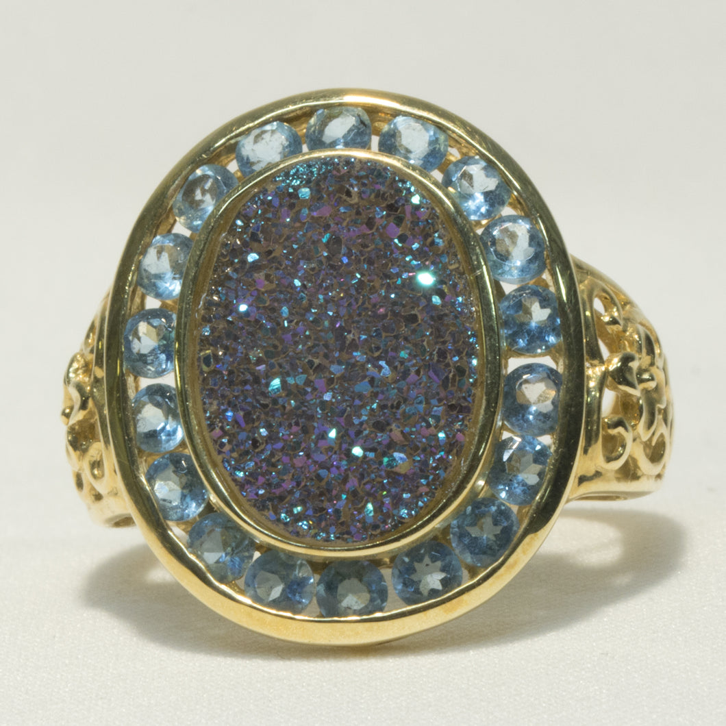 Unusual 14K Yellow Gold Ring in Blue Topaz & Druzy Quartz