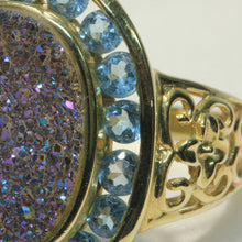 Unusual 14K Yellow Gold Ring in Blue Topaz & Druzy Quartz