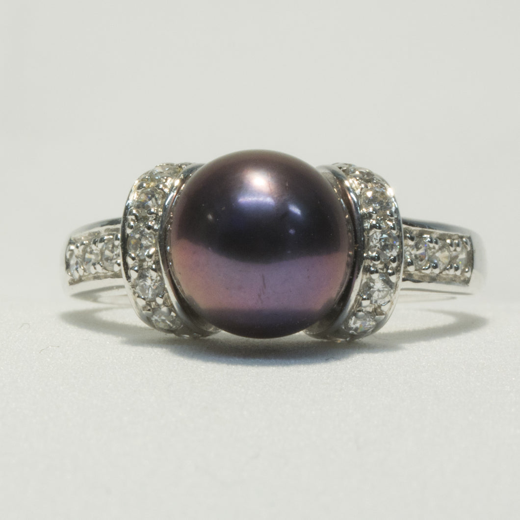 Peacock Pearl and CZ Silver Ring